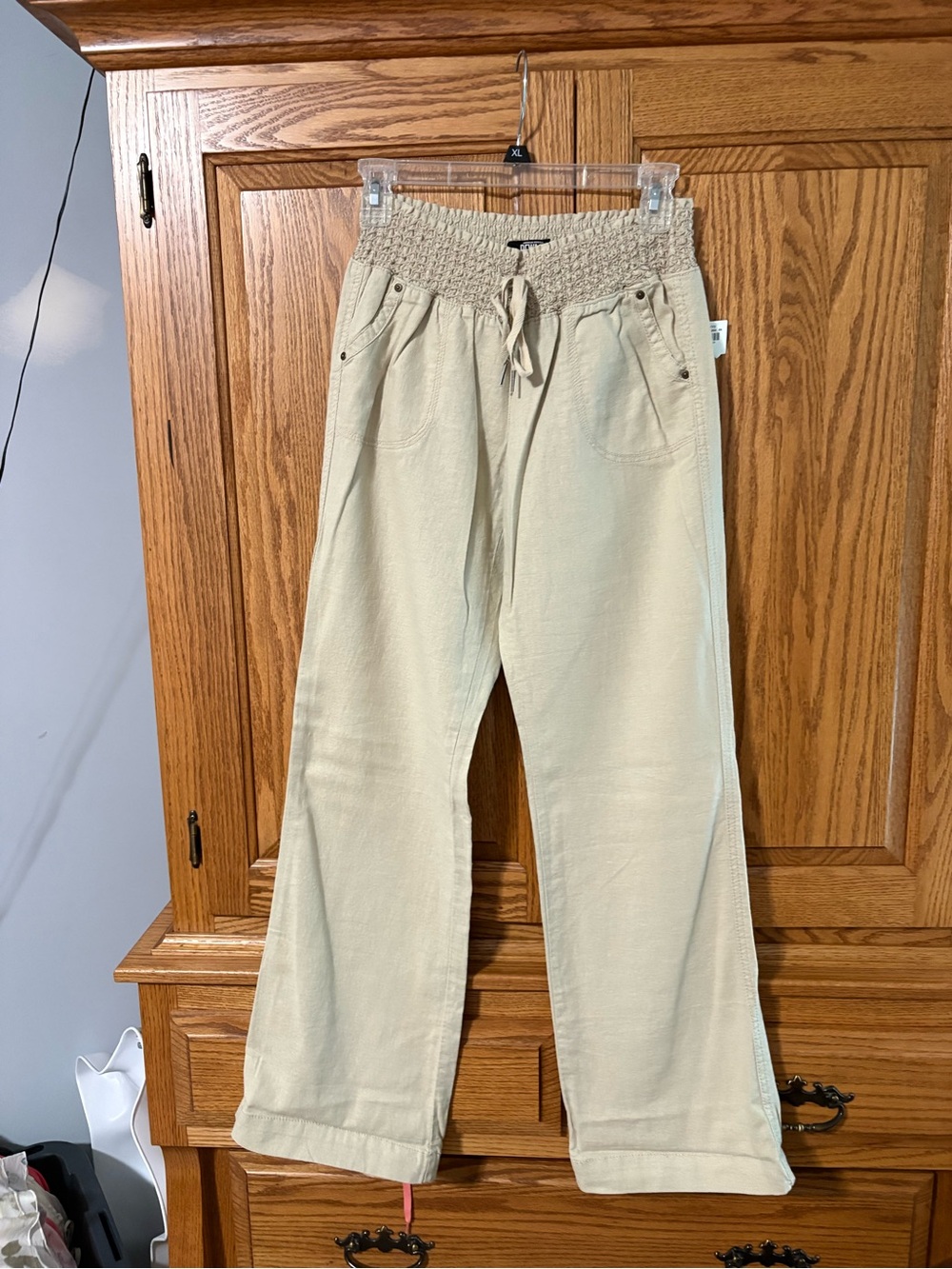 Beige Smocked Waist Wide Leg Pants M